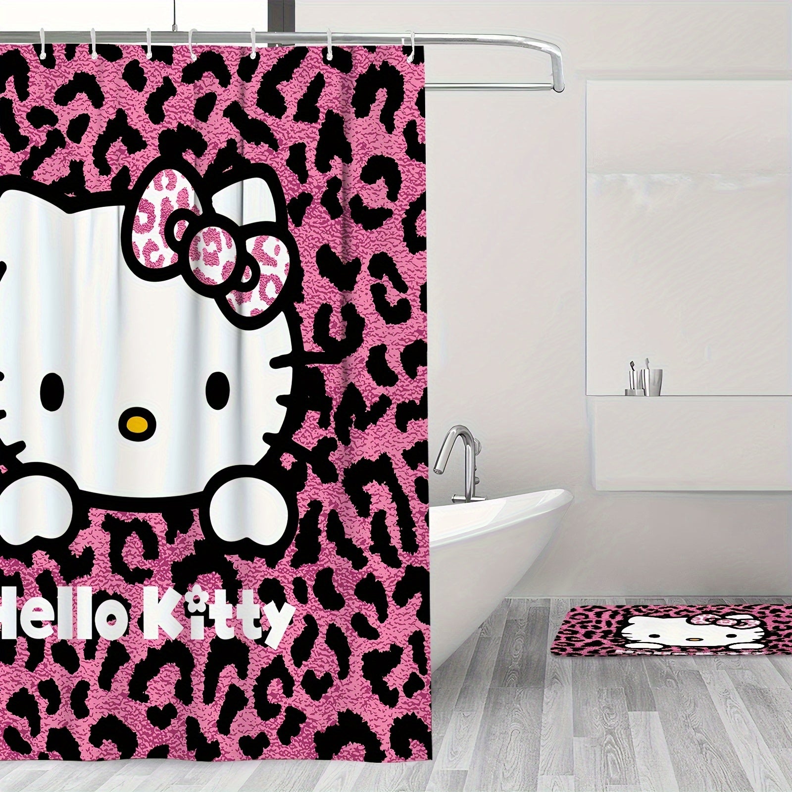 Sanrio Hello Kitty 1/3/4 Piece Shower Curtain Set with Grommet, Stain Resistant, Machine Washable, Knit Weave, All-Season Polyester Bathroom Decor with Shower Curtain and Rugs