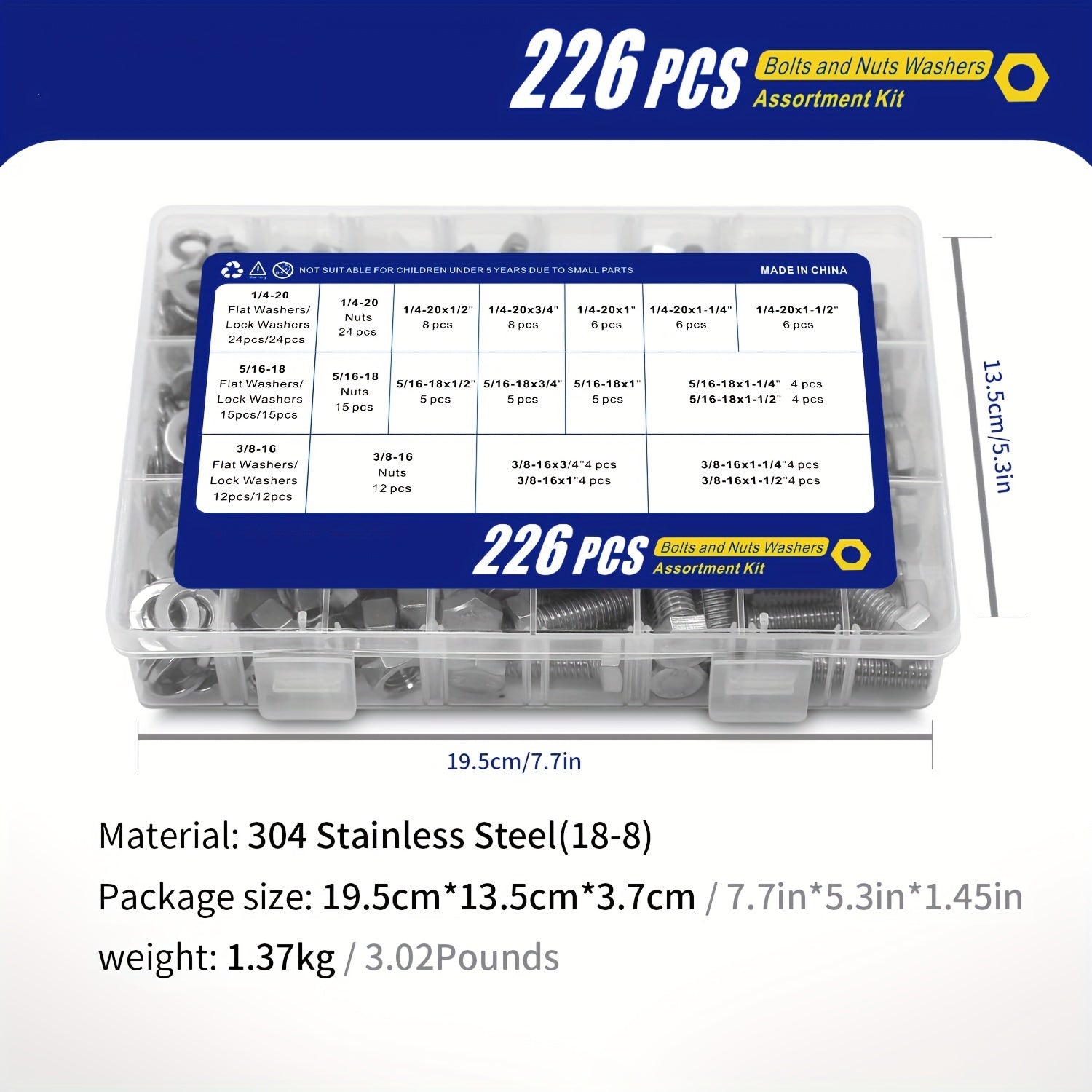 226pcs Heavy-Duty 304 Stainless Steel Bolt and Nut Assortment Kit