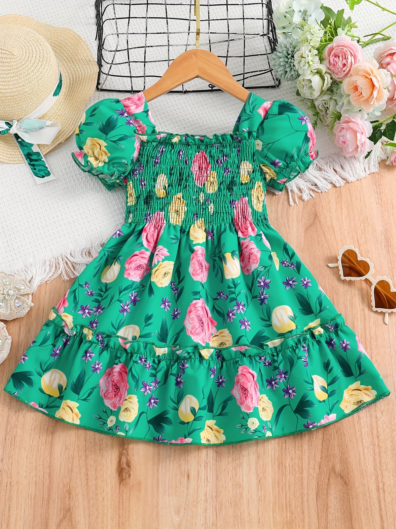 Girls Puff Sleeve Floral Shirred Ruffled Hem Party Dress Kids Summer Clothes