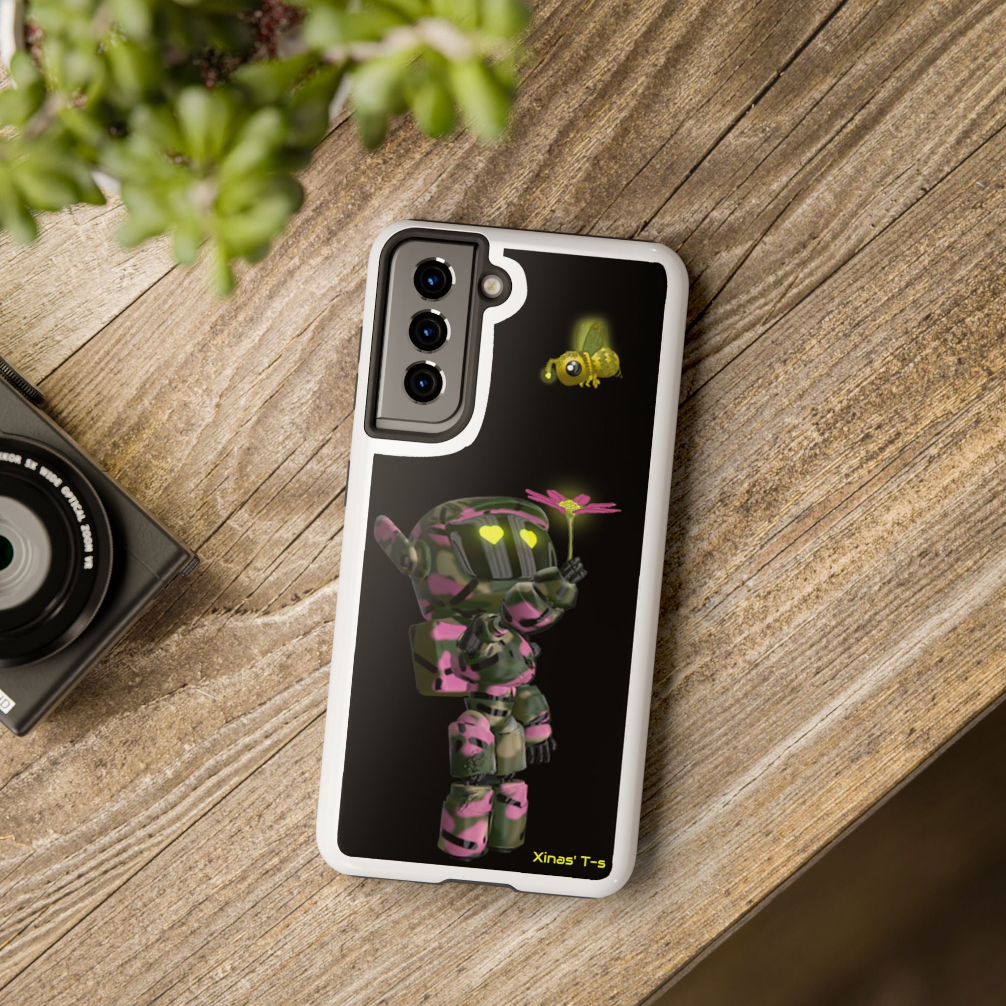 Phone Case — Cute Camouflage Robot Gurl with Flower & Bee Protective Tough Case