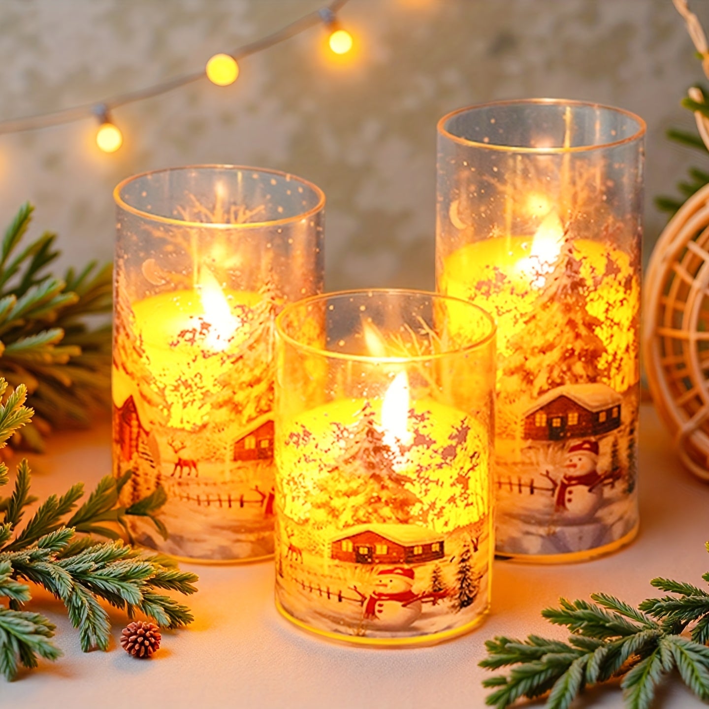 3pcs Flameless Led Pillar Candles With Christmas Snow Scene Design, Flickering Warm Light, Battery Operated Decorative Candles With Snowman Patterns, Perfect For Christmas Decoration, Table Centerpiece, Home Decor, Gift Idea,