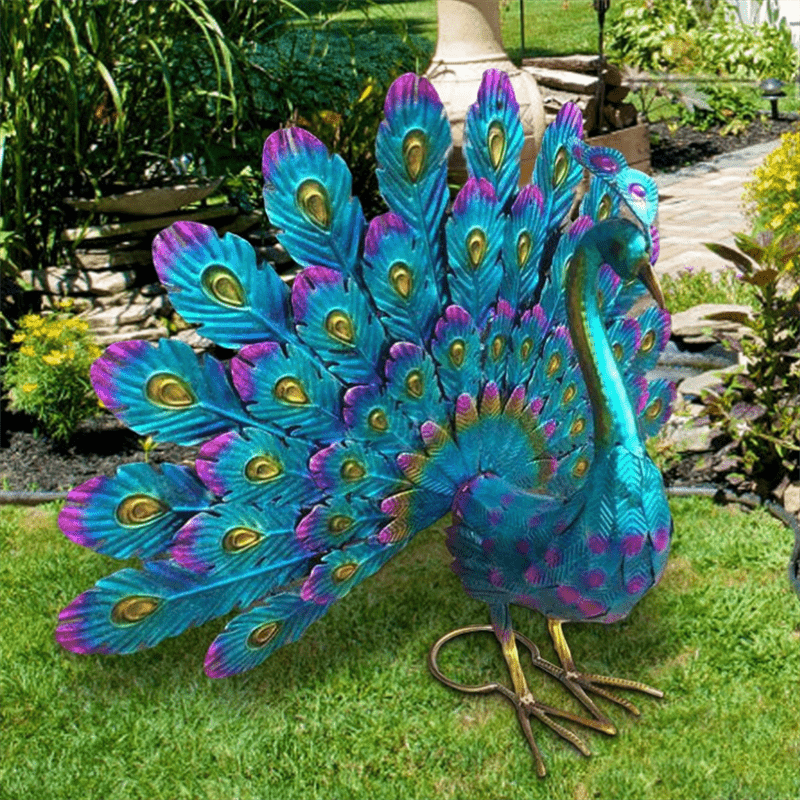 Large Metal Painted Peacock Garden Sculpture - 1pc Figurine for Fountain, Pool, Yard, Lawn, Garden Art - Easter, Halloween, Mother's Day, Thanksgiving, Fall Decor