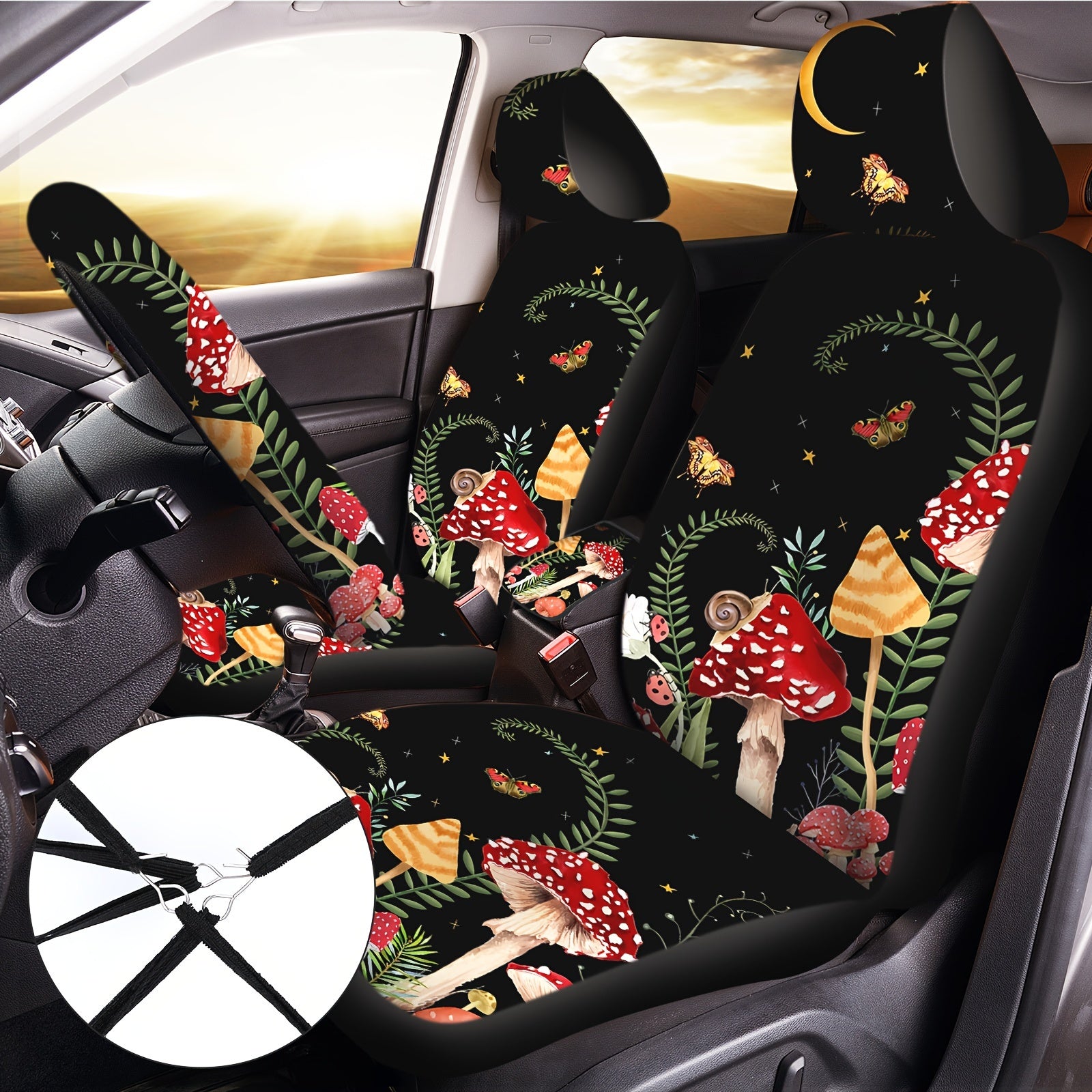 17pcs Mushroom Car Seat Covers Mushroom Car Accessories Full Set for Women Men Automotive Rear Front Seat Protector View Mirror Hanging Ornament Steering Wheel Belt Cover (Forest Mushroom)