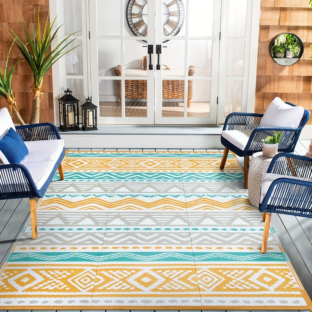 Lahome Reversible Outdoor Mat - Large 23ft² Durable Polypropylene Mat with Geometric Zigzag Pattern, Hand Wash Only for Patio, RV Camping, Beach, Deck, Backyard & Balcony, Outdoor Seating Mat | Geometric Pattern Mat | Easycl