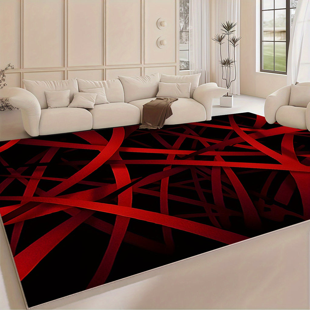 Modern Geometric Velvet Area Mat - Luxurious Red & Black Design, Machine Washable, Non-Slip, Ultra-Soft & Durable for Living Room, Bedroom, Entryway - Stylish Home Decor, Rugs for Living Room