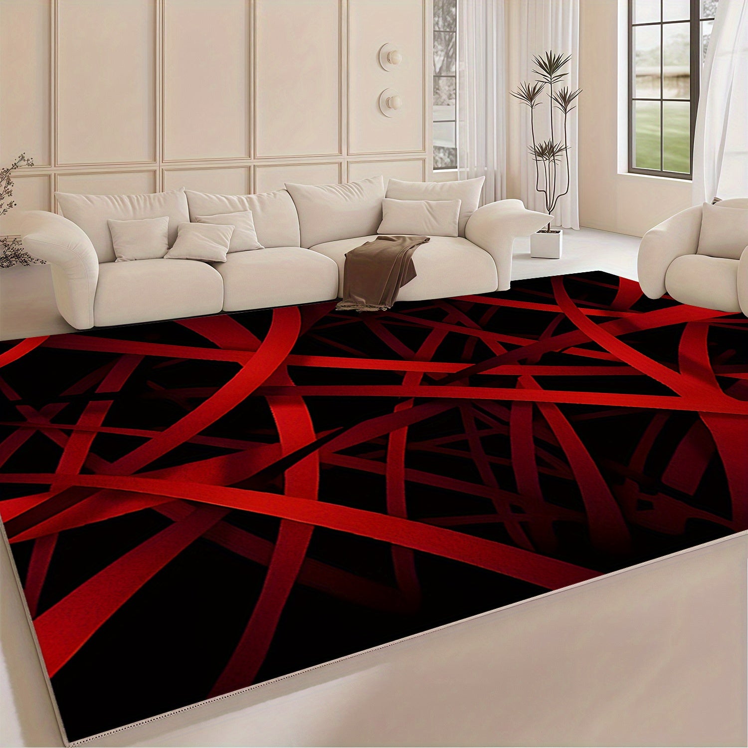 Modern Geometric Velvet Area Mat - Luxurious Red & Black Design, Machine Washable, Non-Slip, Ultra-Soft & Durable for Living Room, Bedroom, Entryway - Stylish Home Decor, Rugs for Living Room