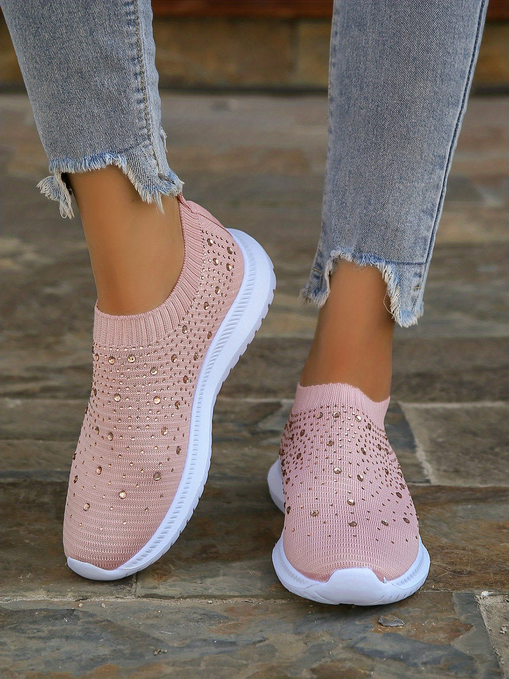 Women's Rhinestone Decor Slip-on Sneakers, Fly Woven Sports Shoes, Breathable Low Top Walking Shoes For Music Festival