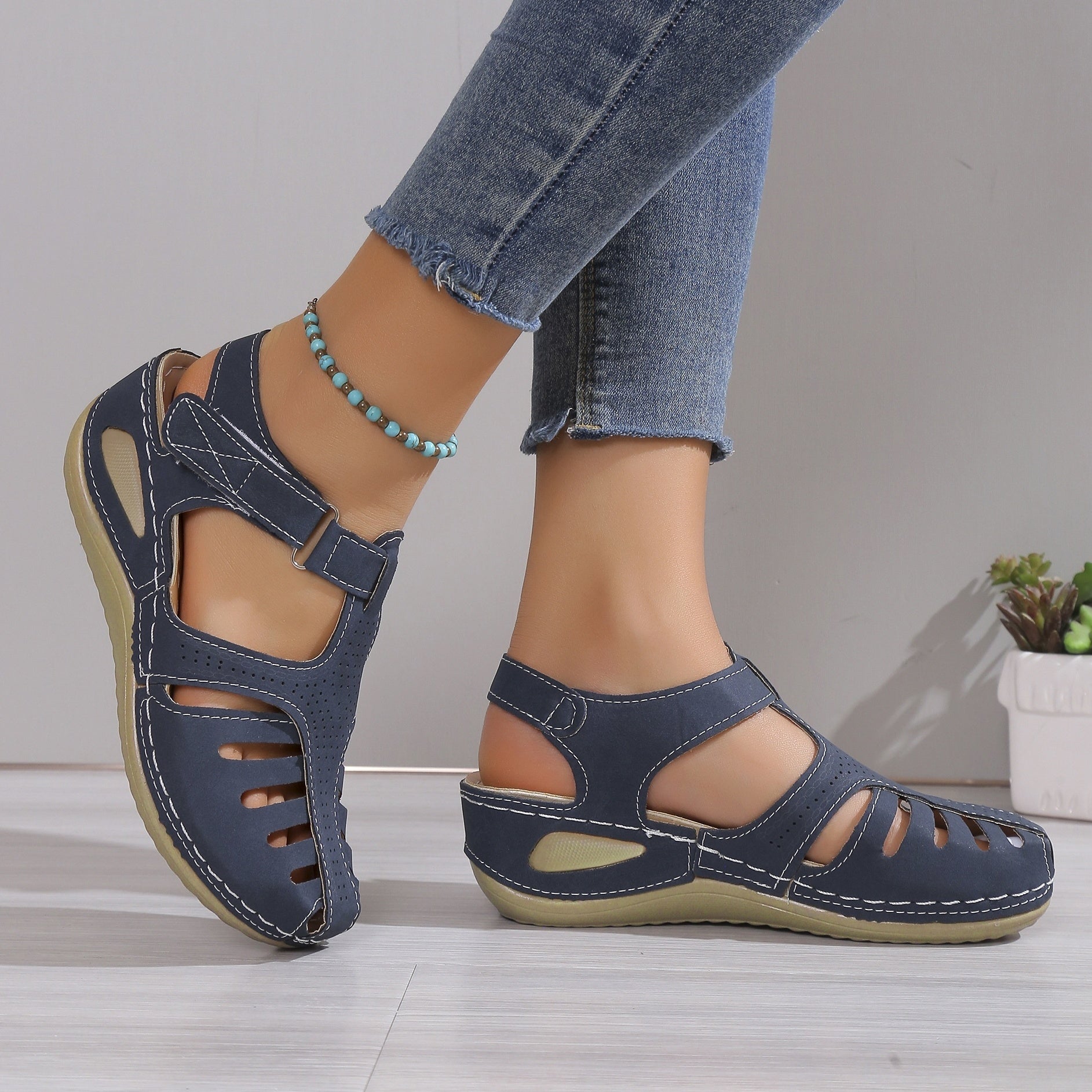 Women's Platform Sandals, Closed Toe Round Toe Solid Color Ankle Strap Sandals, Women's Hook And Loop Shoes