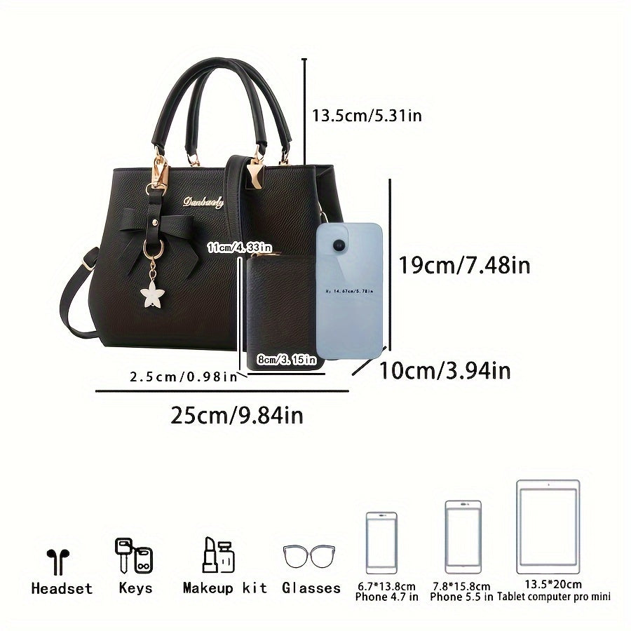Chic Bow Decor Handbag for Women with Coin Purse, Adjustable Strap,