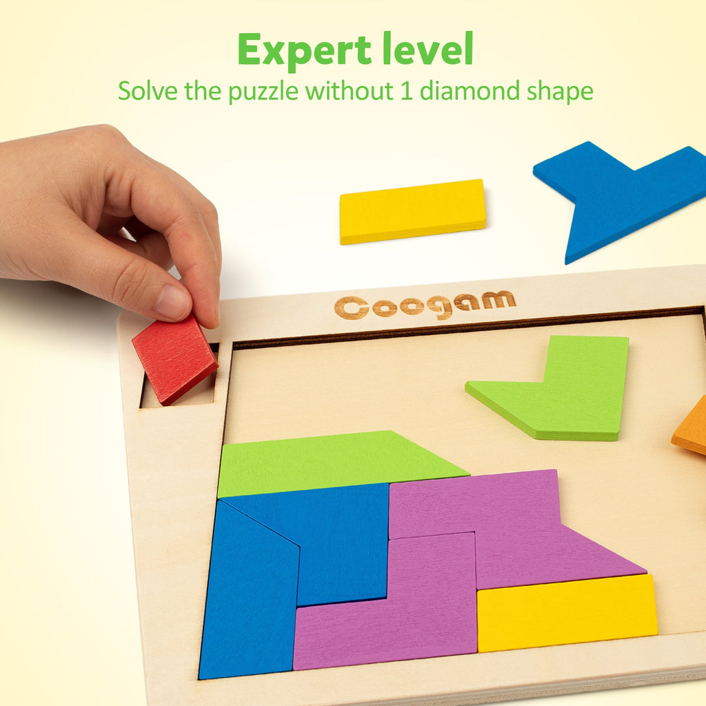 Coogam Wooden Puzzle Blocks Geometric Tangram Brain Teasers Jigsaw 3D Logic IQ Game Colorful Shape Pattern STEM Educational Toys Gift 60 Challenges For All Age