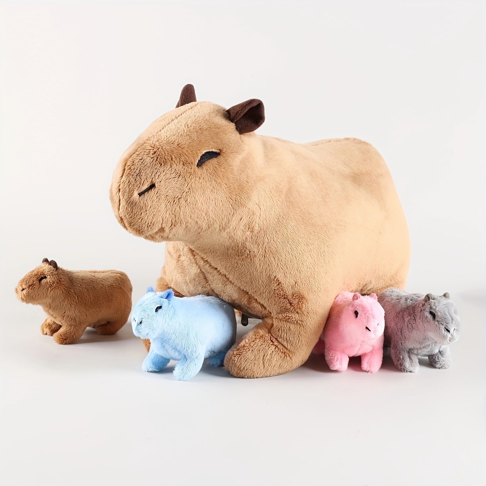 Kawaii Simulation Capybara Stuffed Animal-13.38'' Mommy Stuffed Capybara with 4 Mini Capybara Stuffed Animals Inside Zipper Tummy, Stuffed Simulation Capybara Toys for Kid Christmas