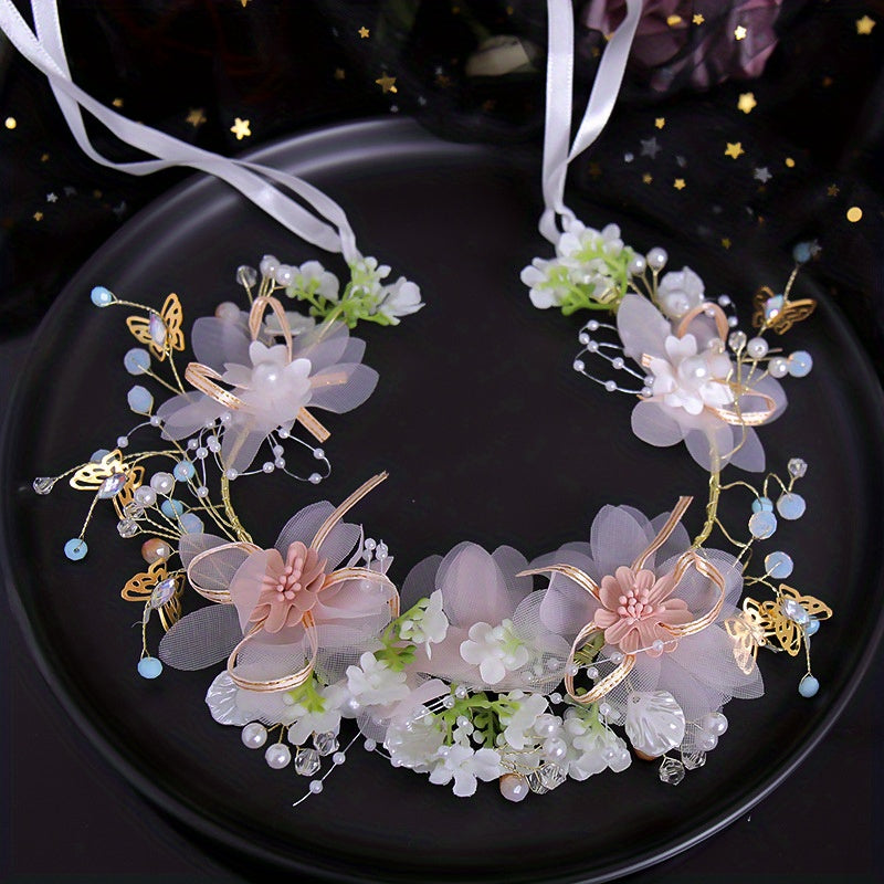 Flower   Headband, Fairy Headpiece Wreath, Sweet Butterfly Flower Headband For Flower Girl, Flower   Crown, Bridal Hair Accessories