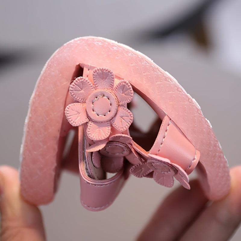 Baby Girls Cute Casual Sandals With Flower Decoration, Non-slip Soft Sole Slip-on Hook And Loop Fastener Shoes For Summer