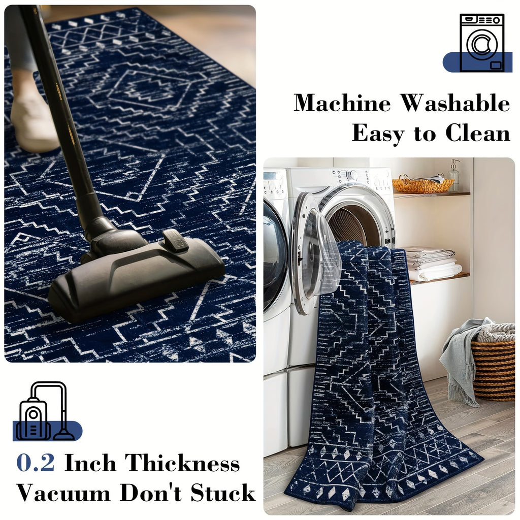 Moroccan Blue Geometric Runner Mat – Soft, Washable, Non-Slip Polyester Mat for Kitchen, Hallway, Bedroom, Bathroom & Closet, 2'6"x8', Rustic Entryway Floor Decor, Kitchen Rugs
