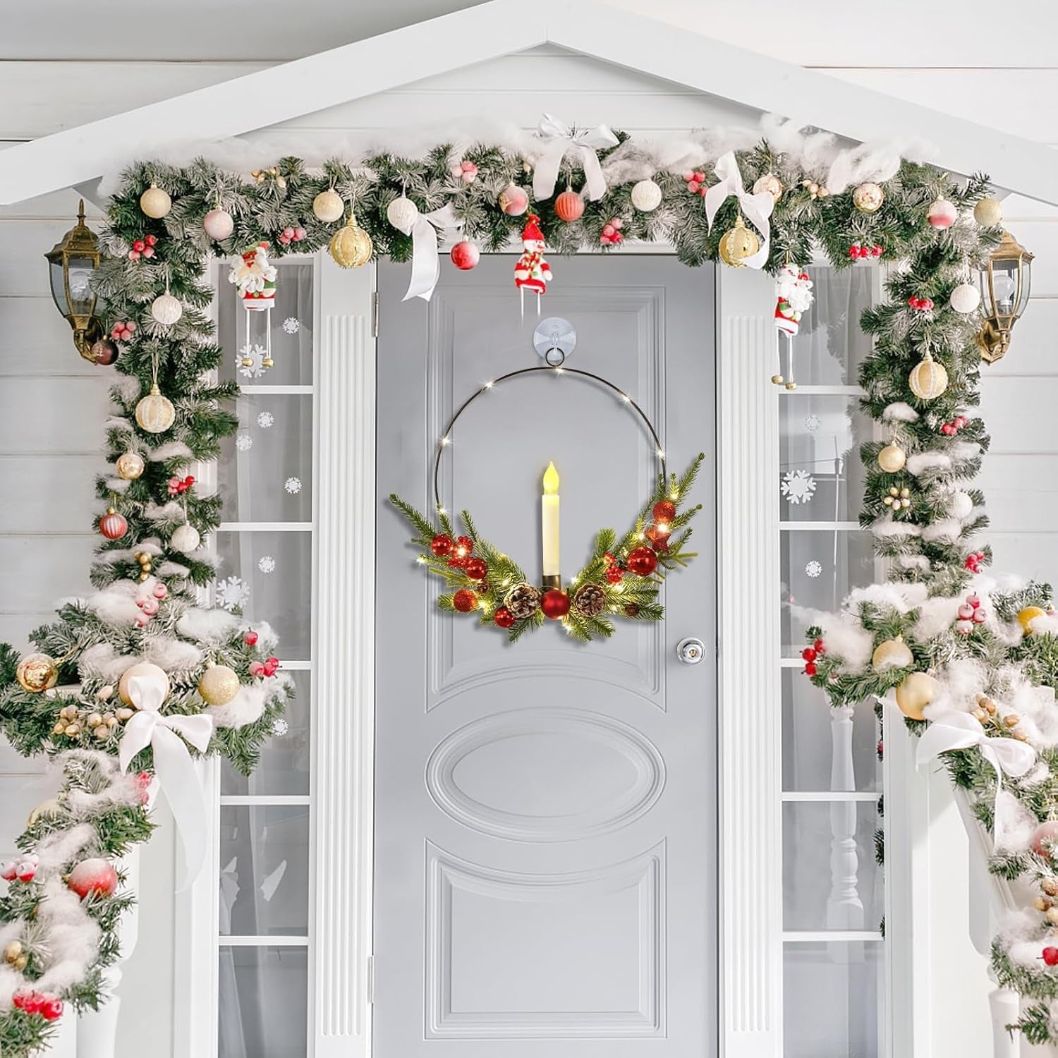 2-Pack ASPMIZ Traditional Christmas Wreaths with LED Lighted Taper Candles, Remote Control, Berries, Pine Cones - Wall Hanging Decor for Holiday, Winter - Plastic, Requires 2 AA Batteries (Not Included)
