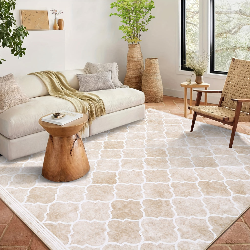 1 pc Area Rug Living Room Carpet Large Moroccan Soft Fluffy Geometric Washable Bedroom Rugs Dining Room Home Office Low Pile Decor Under Kitchen Table, Light Brown
