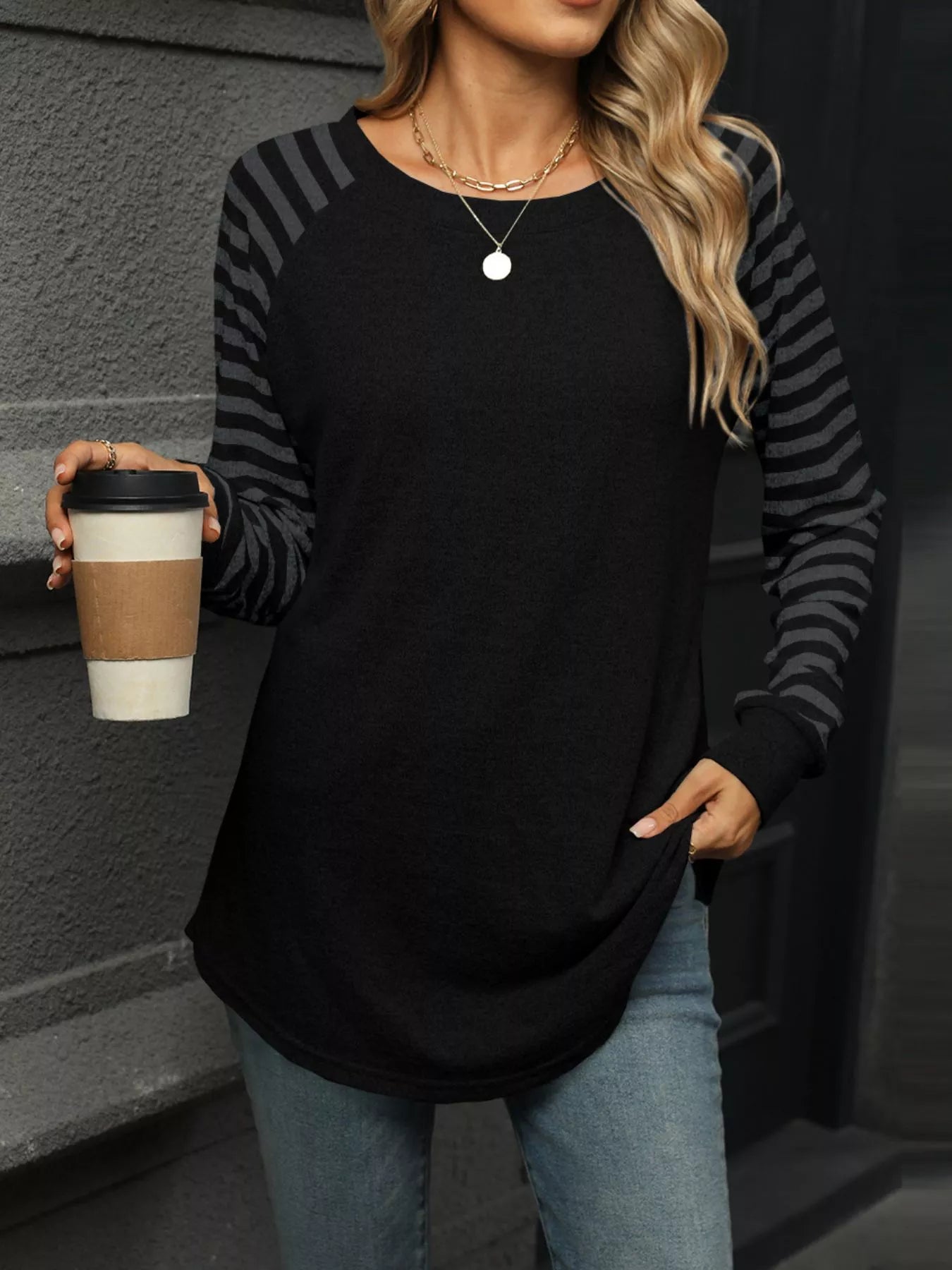 Striped Round Neck Raglan Sleeve T Shirt