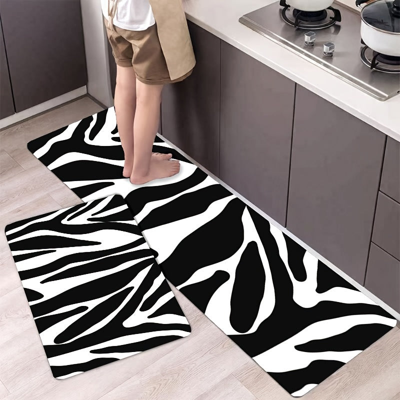 Anti-Fatigue 2pc/3pcs Zebra Print Kitchen Rugs Set - Non-Slip Flannel Carpet, Easy Clean, Stain-Resistant, Machine Washable, Polyester - for Sink, Bedroom, Living Room, Dining Area, Home Decor