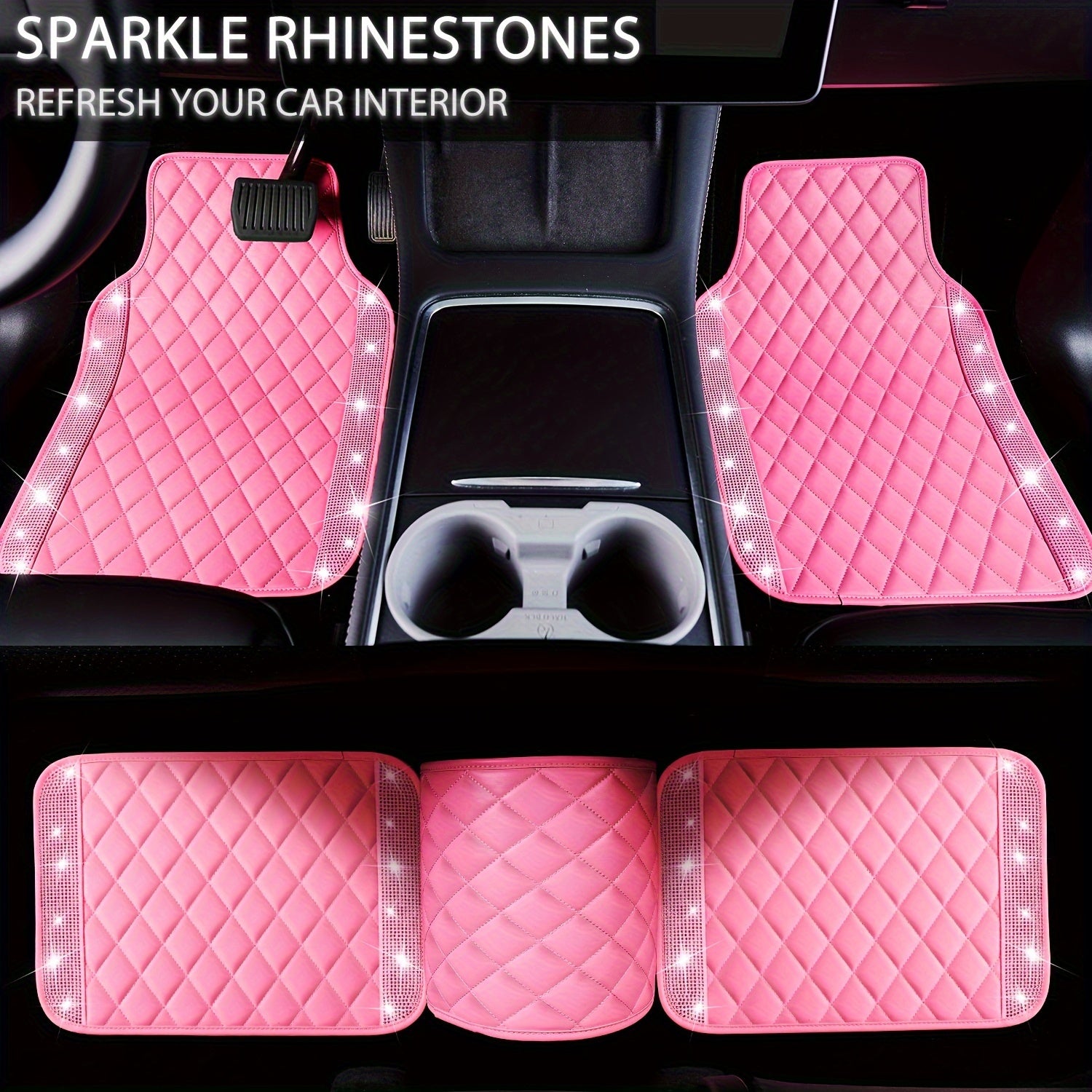 Bling PU Leather Car Mats Shining Diamond Floor Mats Crystal Rhinestone Sparkly Glitter Carpet Anti-Slip Waterproof Pad Universal Fit Automotive SUV, Sedan, Van, 5pcs Girl Women, Pink