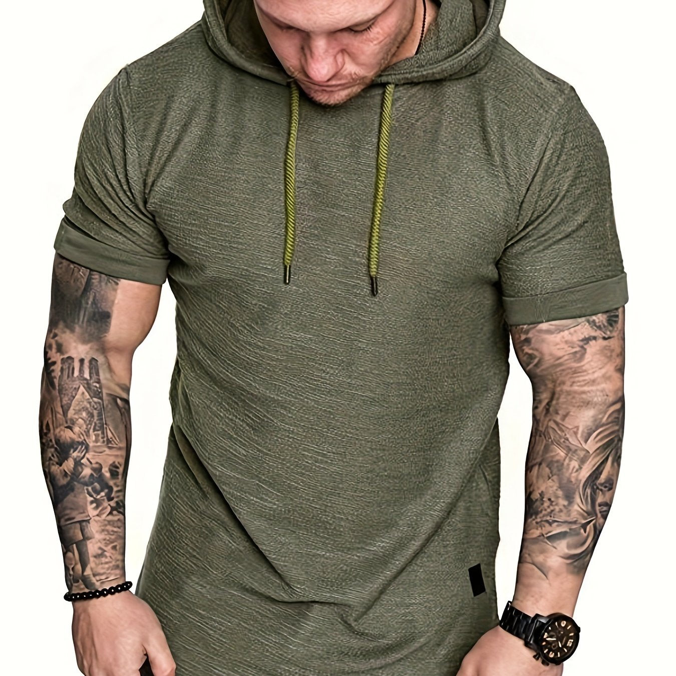 Comfort-Fit Men's Short Sleeve Hoodie - Breathable Knit, Solid Color, Durable & Easy-Care Sports T-shirt