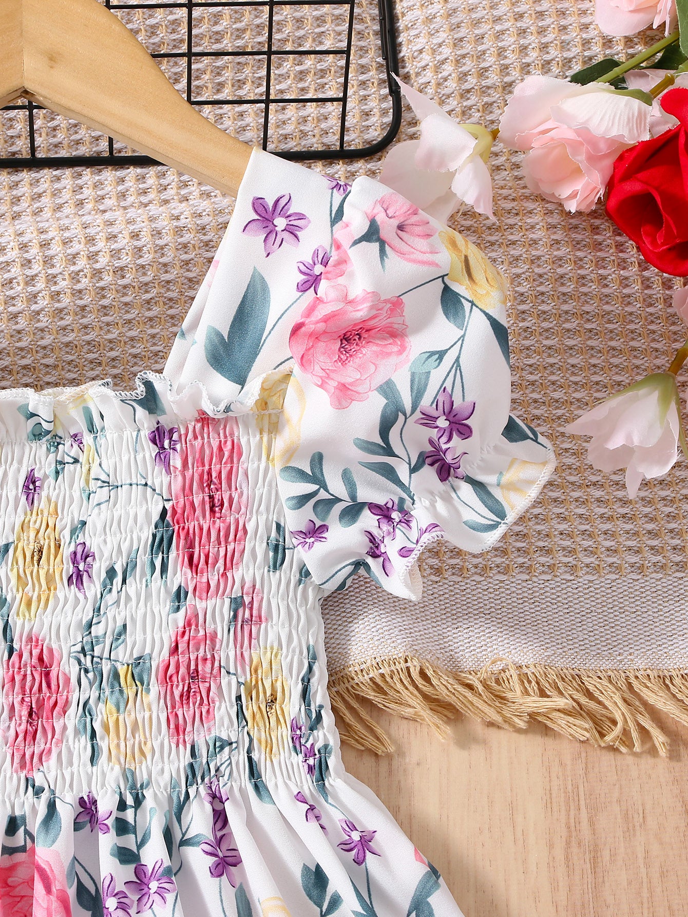 Girls Puff Sleeve Floral Shirred Ruffled Hem Party Dress Kids Summer Clothes