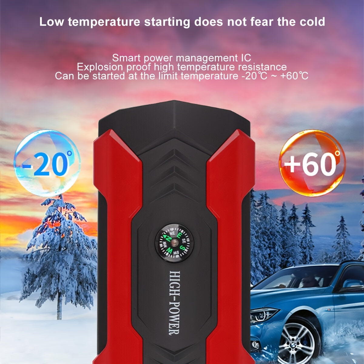 Portable 12V Car Jump Starter - LED Flashlight Emergency Power Battery Booster for Automotive, Motorcycle, Trucks, SUV - Compact, Rechargeable, Multi-Functional, and Safe