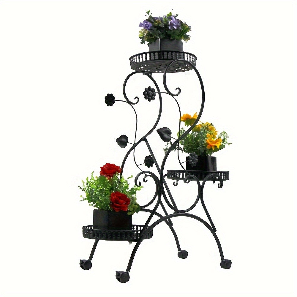 1 Pack, 3-Tier Classic Metal Flower Stand With Wheels For Indoor/Outdoor Plant Display Rack, Rolling Garden Decor