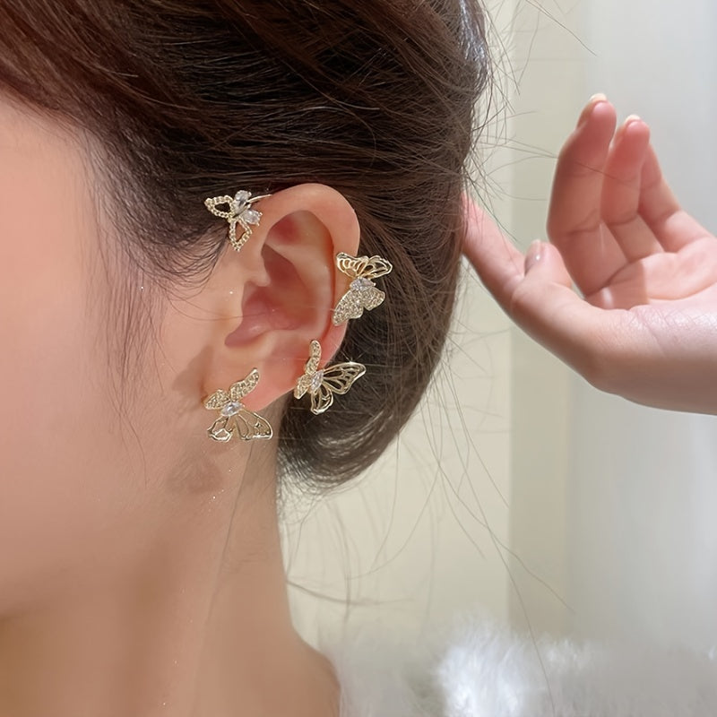 Women'S Elegant Butterfly Ear Cuffs - No-Piercing Ear Hooks, Synthetic Gemstone Accents
