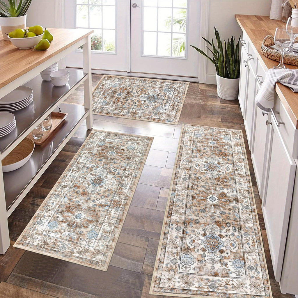 1/2/3pcs Bohemian Style Flannel Kitchen Floor Mats, Washable Low-area Rugs, Suitable for Decoration In Kitchens, Laundry Rooms And Hallways