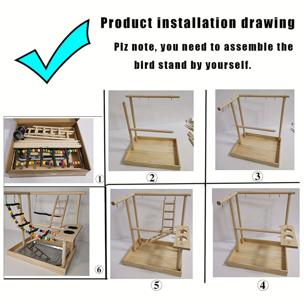 Deluxe Wooden Parrot Playstand with Climbing Ladder, Swing & Chew Toys -