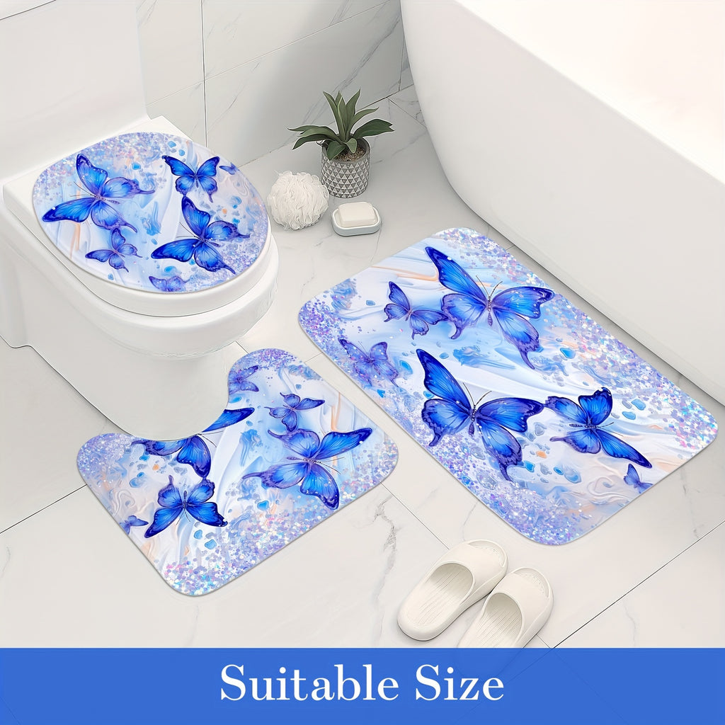 4 Pcs Blue Floral Butterfly Bathroom Sets With Shower Curtain And Rugs, Spring Shower Curtain Sets With Rugs For Modern Bathroom Decor, Sparkling Bathroom Sets With Rugs And Accessories