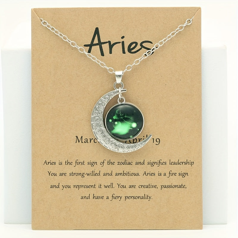 Glow-in-the-Dark Zodiac Necklace with Vintage Moon Pendant - Stylish Aquarius/Sagittarius/Leo/Leprechaun/Night & Sun Signs, Colorful Glass Charms, Zinc Alloy, Perfect Gift for Men