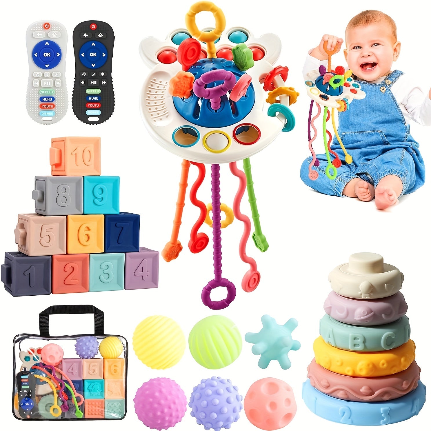 Baby Toys For 6 To 12 Months, 5 In 1 Toys For Babies, Sensory Toys For Toddlers 1-3, Pull String Toys, Stacking Blocks, Sensory Shapes & Teething Remote Control Halloween Christmas Gifts