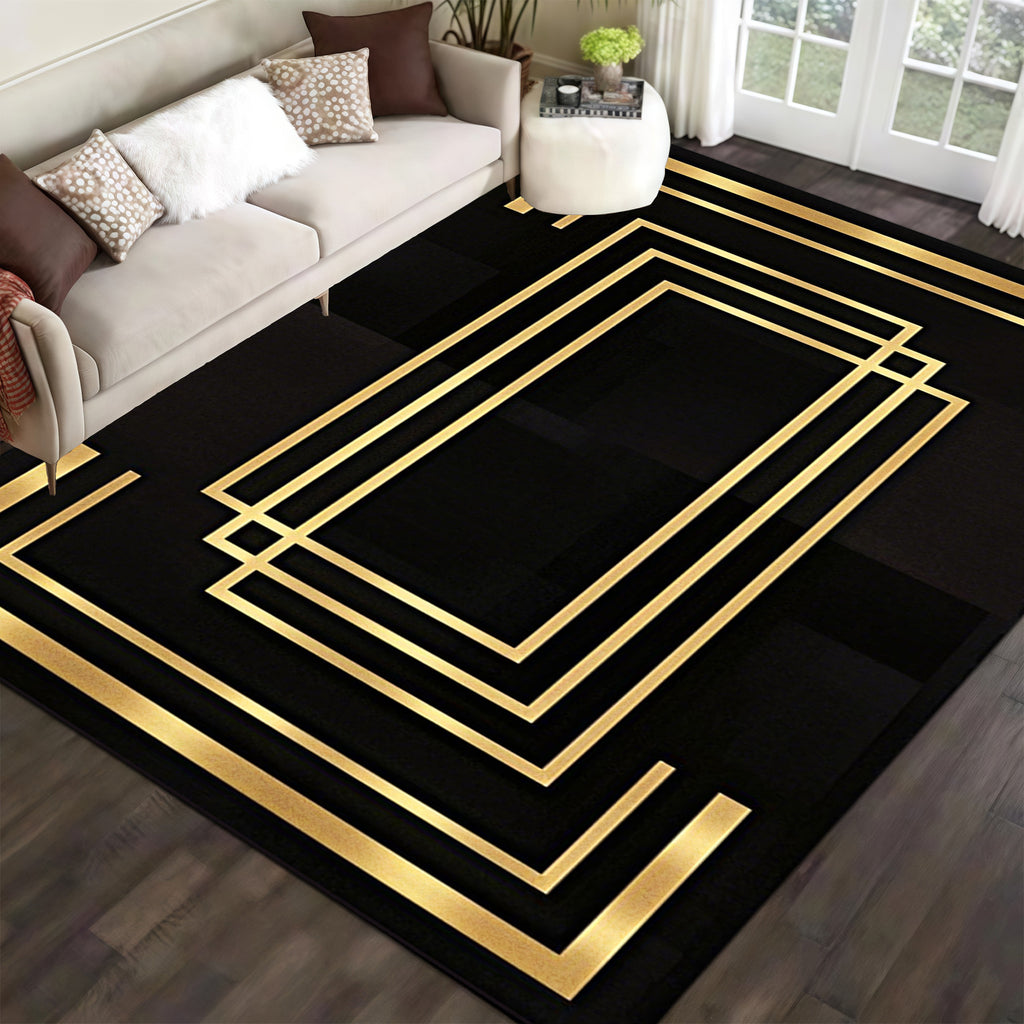 Luxurious Black Velvet Area Mat with Golden Geometric Design - Machine Washable, Non-Slip, Thick & Durable for Living Room, Bedroom, Entryway - Elegant Home Decor, Rugs for Living Room