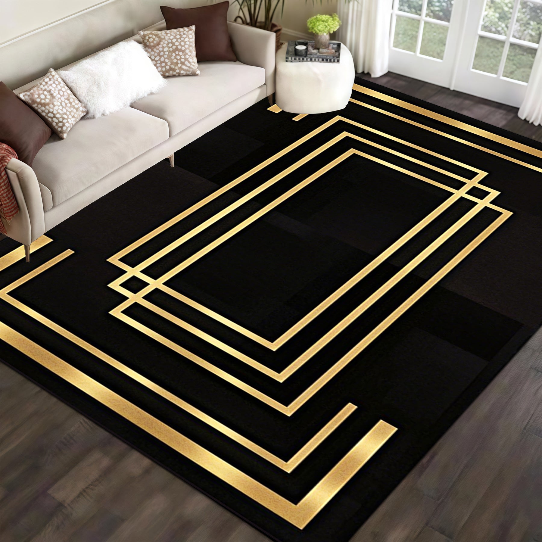 Luxurious Black Velvet Area Mat with Golden Geometric Design - Machine Washable, Non-Slip, Thick & Durable for Living Room, Bedroom, Entryway - Elegant Home Decor, Rugs for Living Room