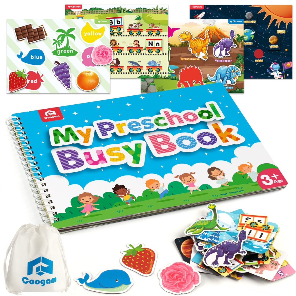 Coogam Back-to-school Season Preschool Magnetic Busy Book, 9 Themed Stickers Toys Fine Motor Skills Learning Binder Quiet Book Toys For Kids Home Kindergarten, Without Battery