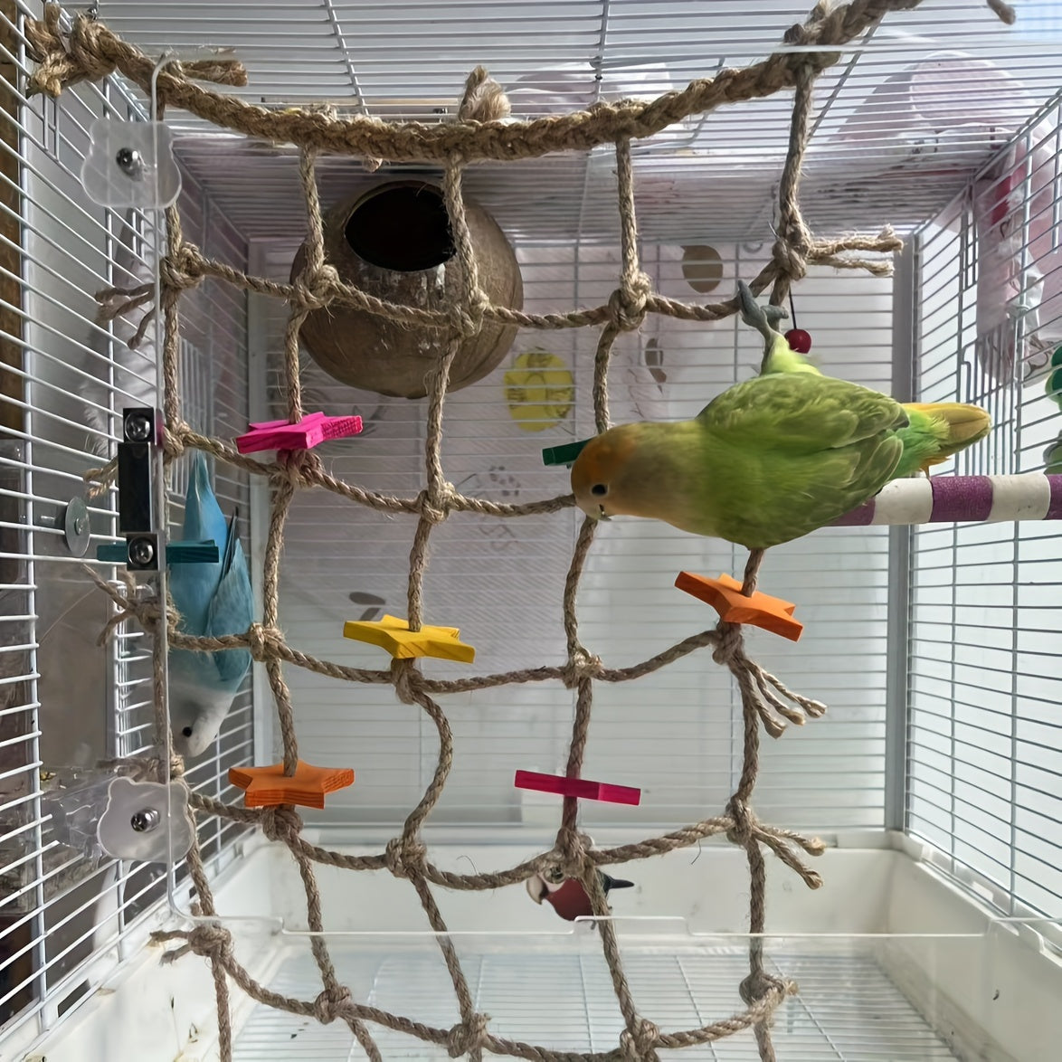 1pc Durable Hemp Rope Bird Climbing Net with Colorful Star Cutouts and Chewing Toys - Multi-Functional Parrot Play Cage Accessory and Bird Toy