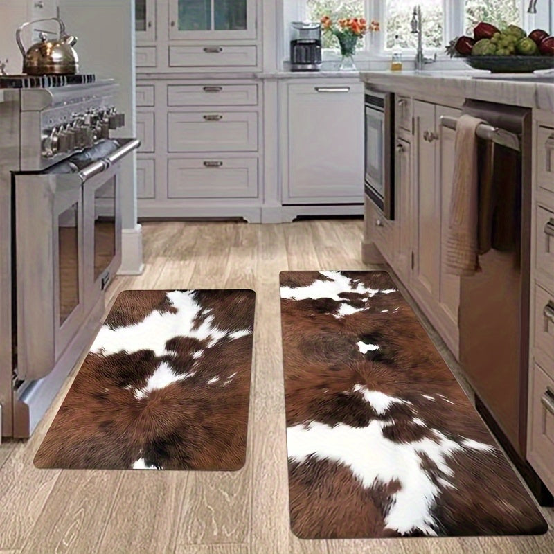 2/3pcs Kitchen Mat Set, Brown and White Cow Print Kitchen Rugs, Country Farmhouse Kitchen Decorative Small Rugs, Brown Cowhide Texture Rugs, Flannel Material Non-slip Soft Comfortable Easy to Clean, Suitable for Bedroom Livin