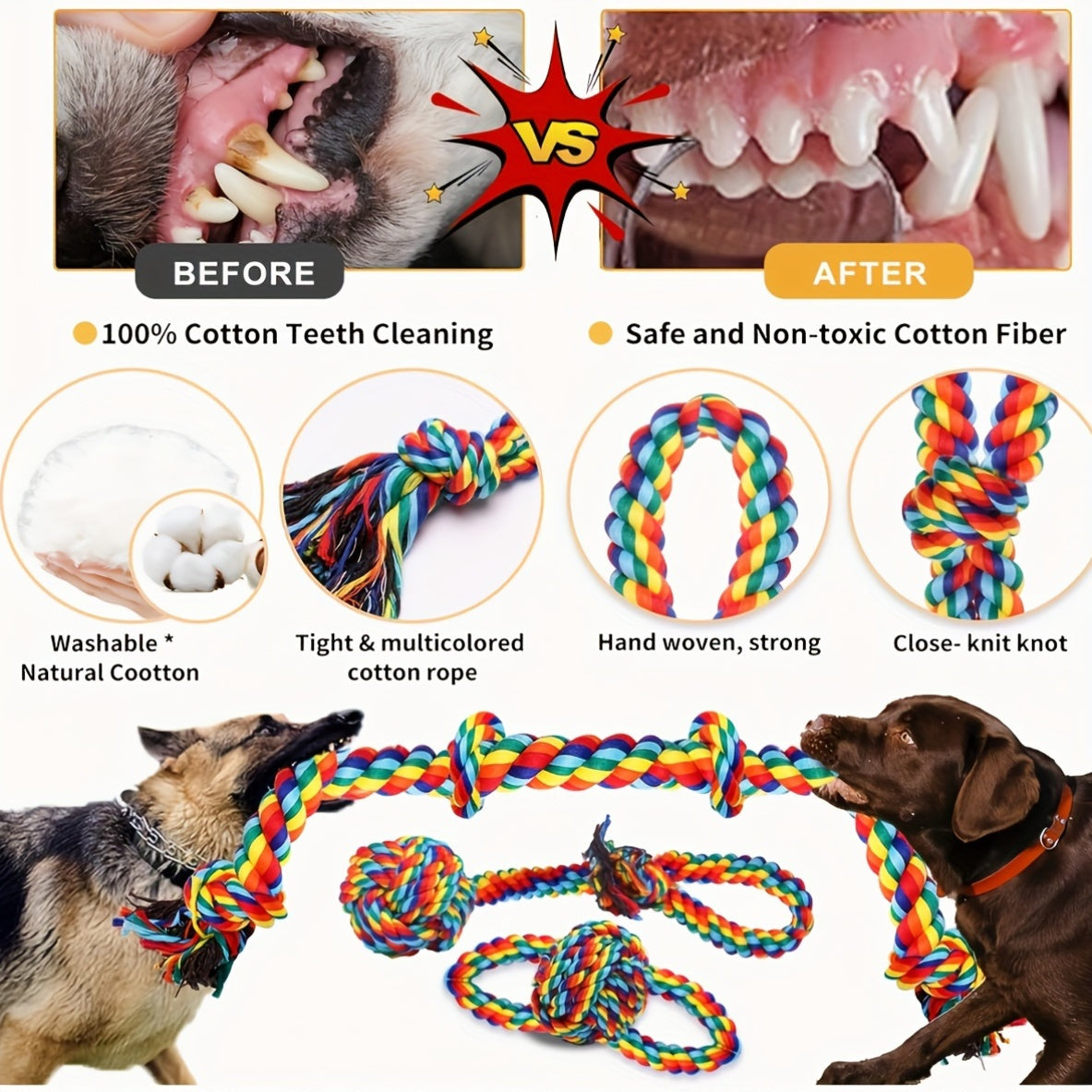 6-Pack Durable Cotton Blend Dog Rope Toys Set - Tough Chew Toys for Teething, Tug of War - Ideal for Medium to Large Breeds - All Breed Sizes Recommended