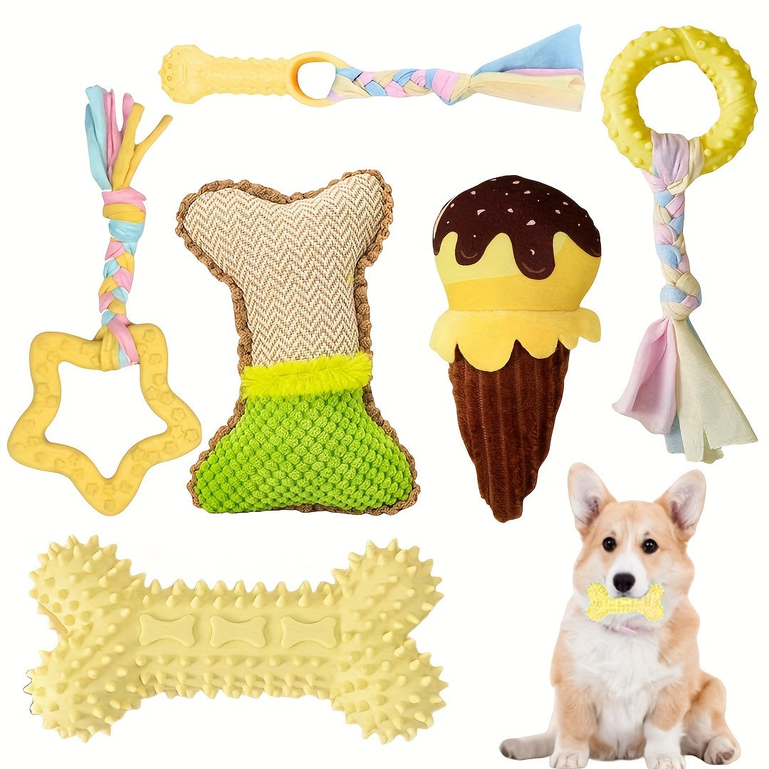 6pcs Puppy Teething Toys for Small Dogs - Cute Soft Rubber Chew Set with Rope, Interactive Bone Toys for Dental Health & Play