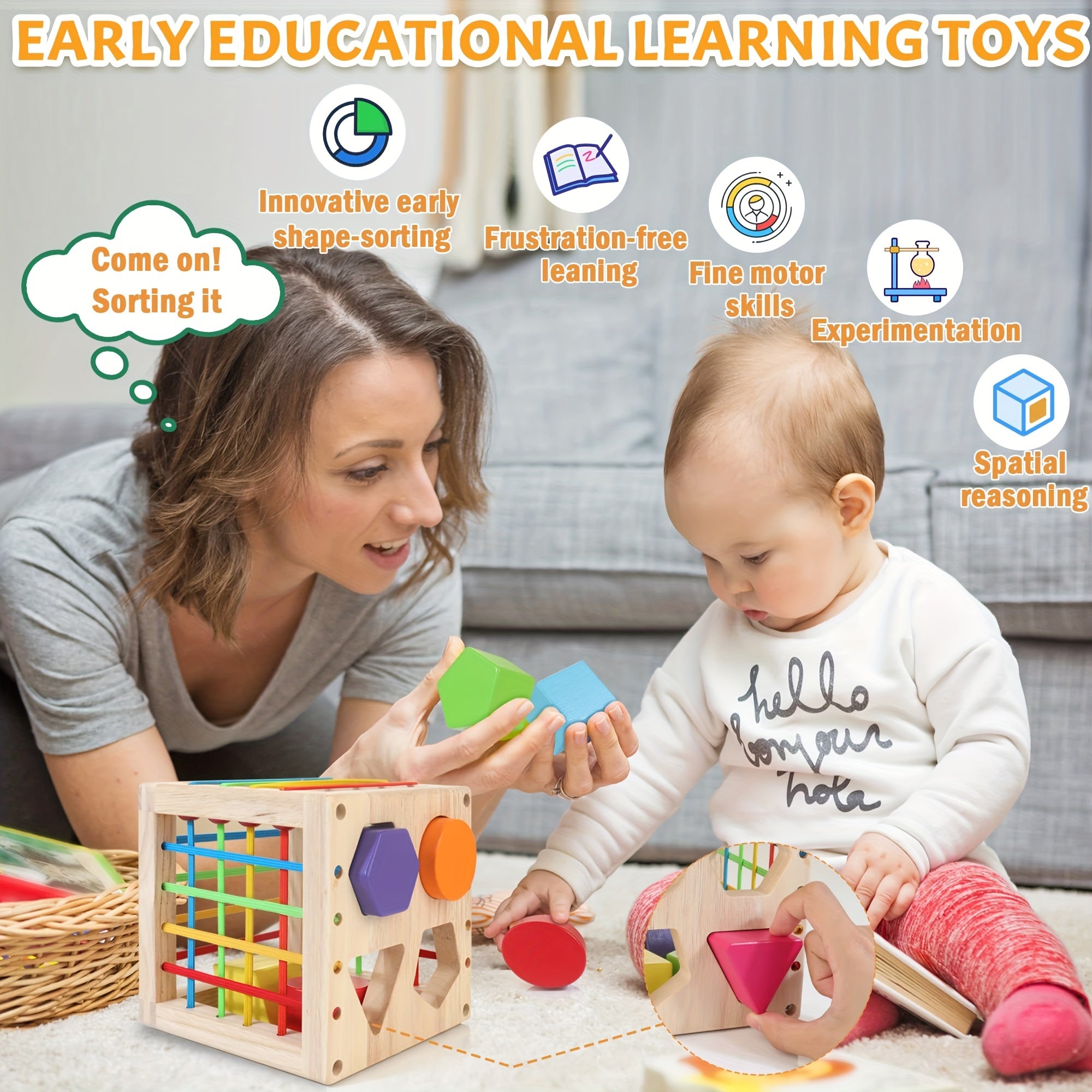 Wooden Shape Sorter Toys for Toddlers 1-3 Years Old, Toys for 1 Year Old Baby Girls & Boys, Activity Cube with 8pcs Geometric Shape Blocks and Gift Box for Christmas