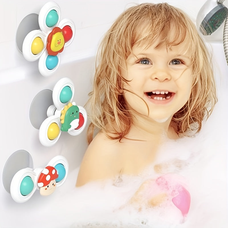 3pcs Kids' Cartoon Animal Suction Cup Spinning Toys Set - Relax, Music & Educational Bath Shower Play, Perfect for Bathtubs, Glass Surfaces & Car Windows - Ideal Gift for Boys & Girls