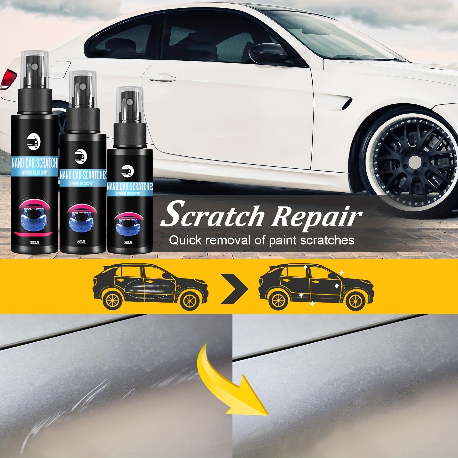 Auto Scratch Repair Spray, 2023 New 3 In 1 Auto Scratch Remover For Deep Scratches, Automotive Nano Spray Coating, Auto Paint Scratch Remover Body
