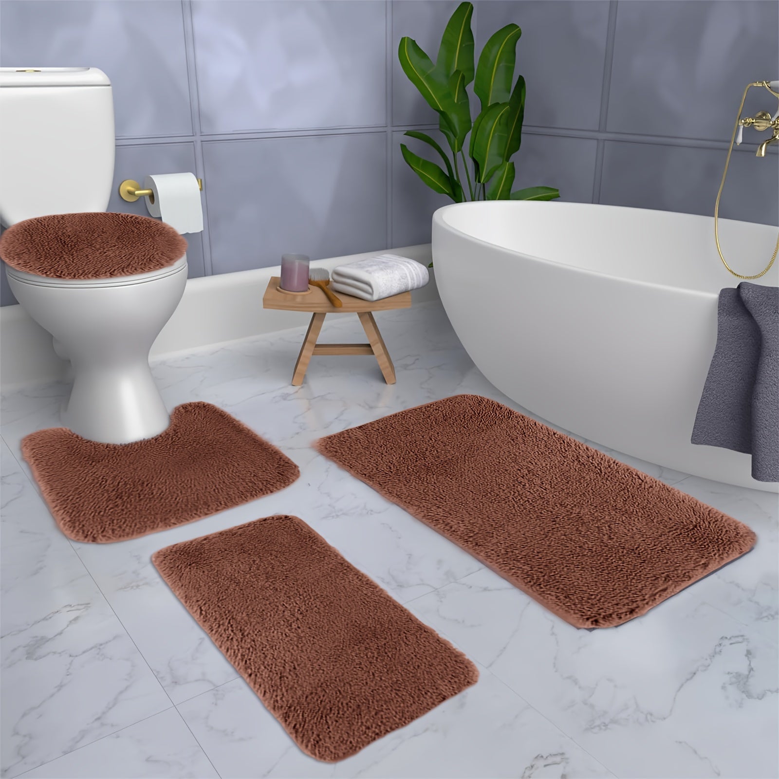 Solid Color Bath Mats 4 Set Bathroom Rugs For 4 Pcs Toilet Mats Universal Soft Comfortable Water Absorption Non-Slip Thick Machine Washable Easier To Dry Dark