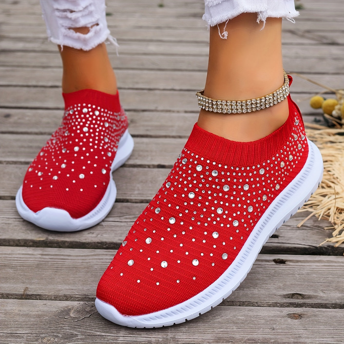 Women's Rhinestone Decor Slip-on Sneakers, Fly Woven Sports Shoes, Breathable Low Top Walking Shoes For Music Festival