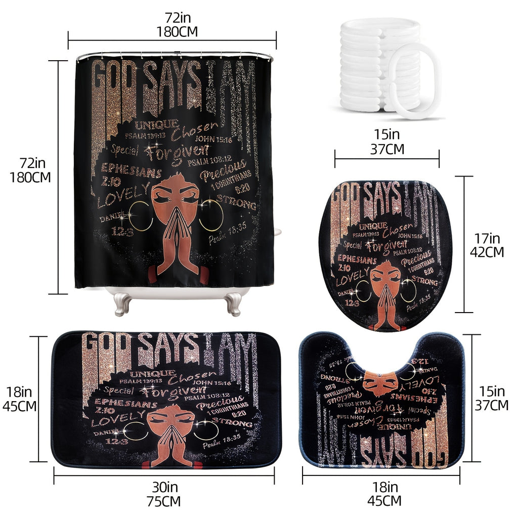 4pcs Sets Rugs Shower Curtain, Black Girl Pattern Shower Curtain With Hooks, Non-Slip Rug, Toilet U-Shape Mat, Toilet Lid Cover Pad