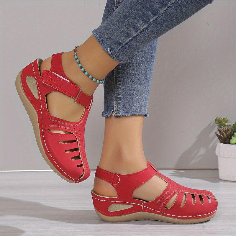 Women's Platform Sandals, Closed Toe Round Toe Solid Color Ankle Strap Sandals, Women's Hook And Loop Shoes