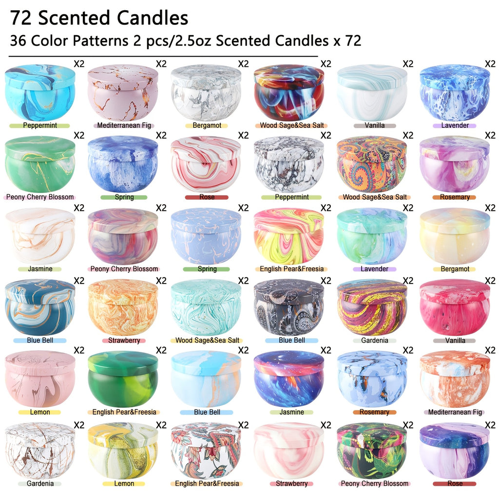 72-Pack Marble Design Scented Soy Wax Candles, 2.37" Round Metal Tins, Smokeless, Drip-Free, for Weddings, Anniversaries, Christmas, Halloween, Thanksgiving, Valentine'S Day