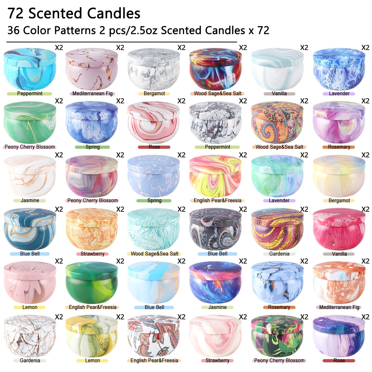 72-Pack Marble Design Scented Soy Wax Candles, 2.37" Round Metal Tins, Smokeless, Drip-Free, for Weddings, Anniversaries, Christmas, Halloween, Thanksgiving, Valentine'S Day