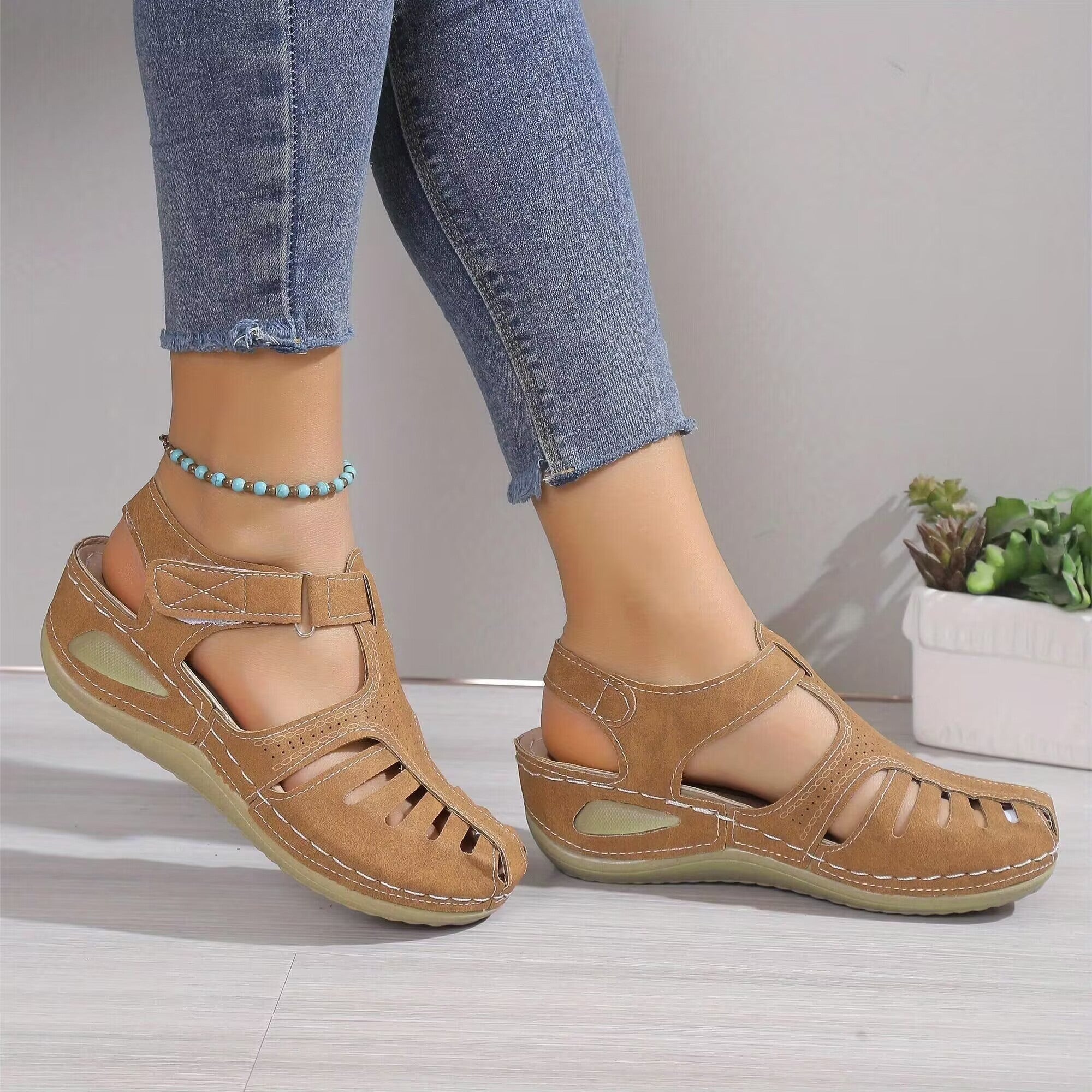 Women's Platform Sandals, Closed Toe Round Toe Solid Color Ankle Strap Sandals, Women's Hook And Loop Shoes